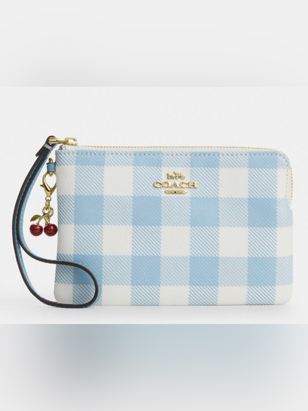 🩵🍒Coach NWT Light Blue and White Gingham Corner Zip Wristlet with Cherry Charm